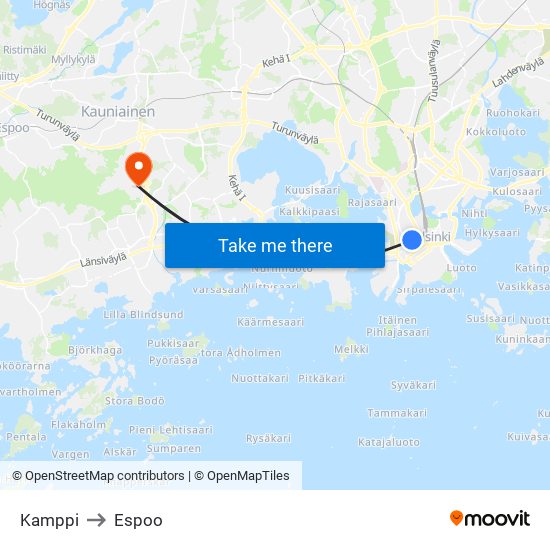 Kamppi to Espoo map