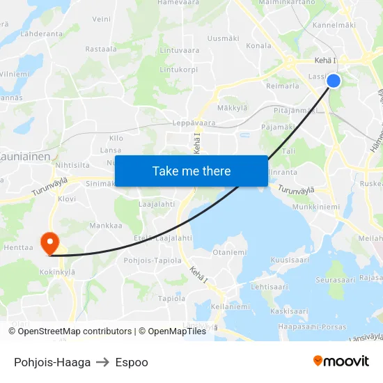 Pohjois-Haaga to Espoo map