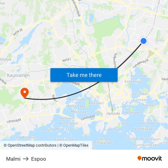 Malmi to Espoo map