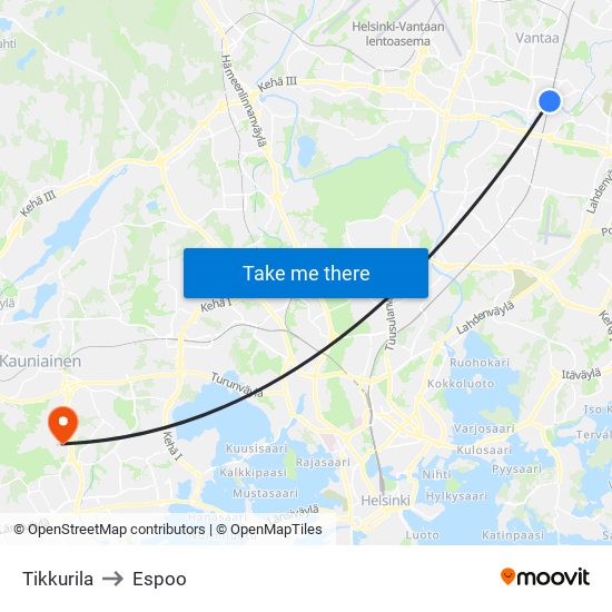 Tikkurila to Espoo map