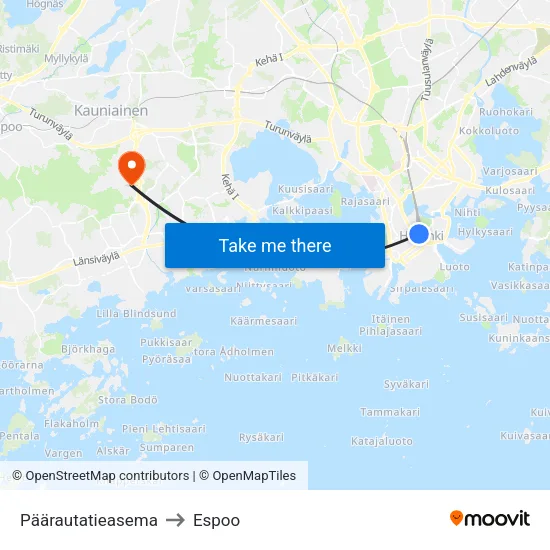 Central Railway Station to Espoo map