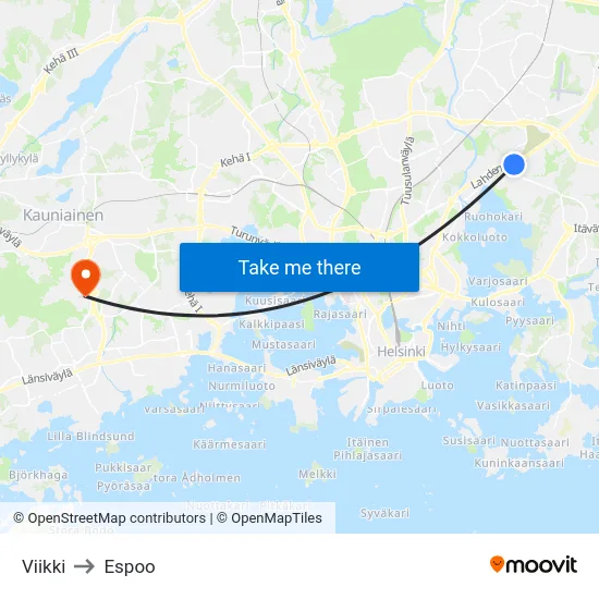 Viikki to Espoo map