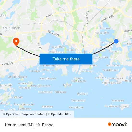 Herttoniemi (M) to Espoo map