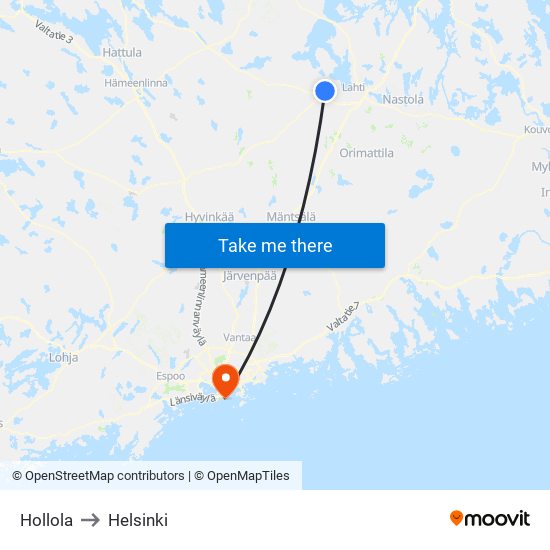 Hollola to Helsinki map