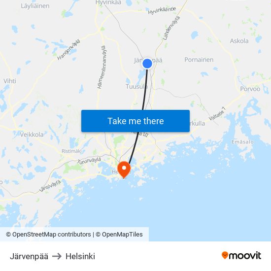 Järvenpää to Helsinki map