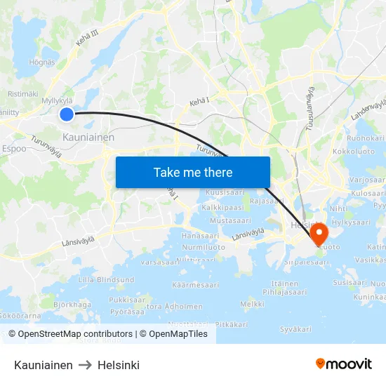 Kauniainen to Helsinki map