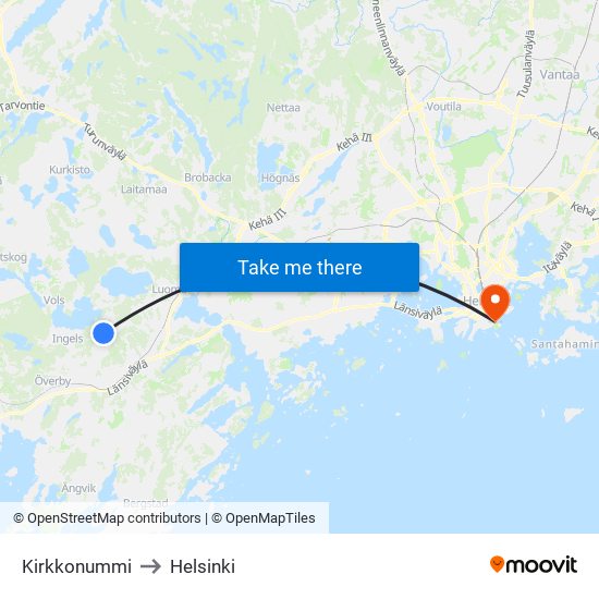 Kirkkonummi to Helsinki map