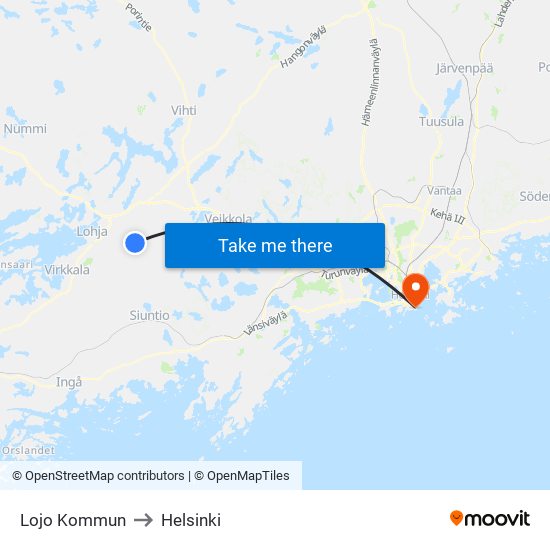 Lojo Kommun to Helsinki map