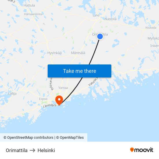 Orimattila to Helsinki map