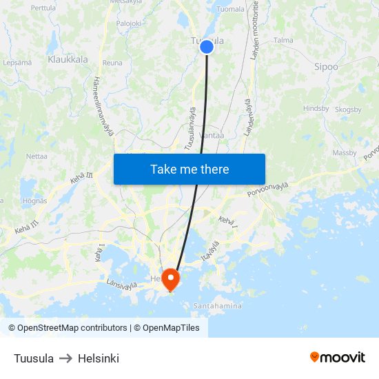 Tuusula to Helsinki map
