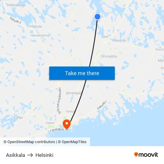 Asikkala to Helsinki map