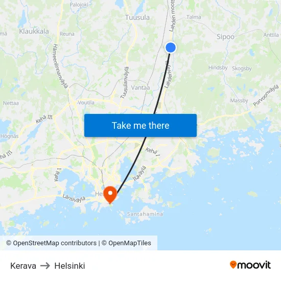 Kerava to Helsinki map