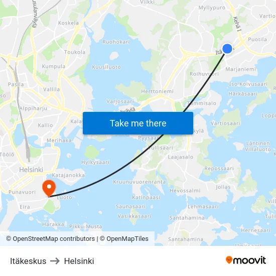 Itäkeskus to Helsinki map