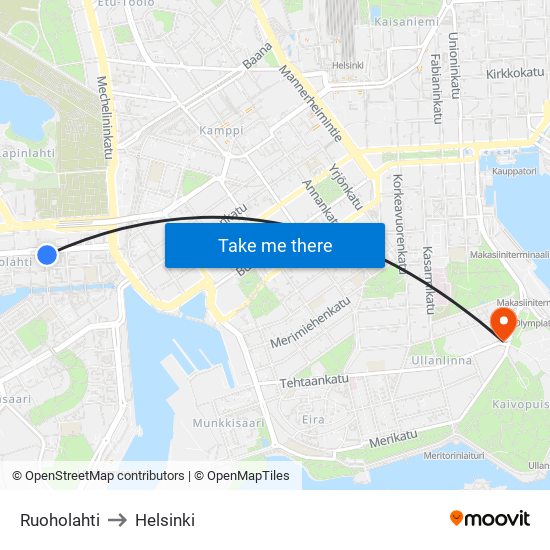 Ruoholahti to Helsinki map
