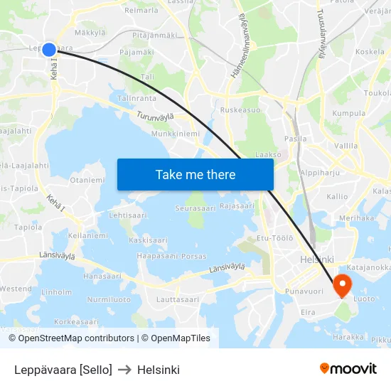 Leppävaara [Sello] to Helsinki map