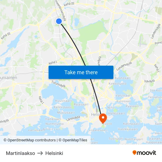 Martinlaakso to Helsinki map