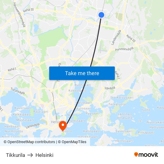 Tikkurila to Helsinki map