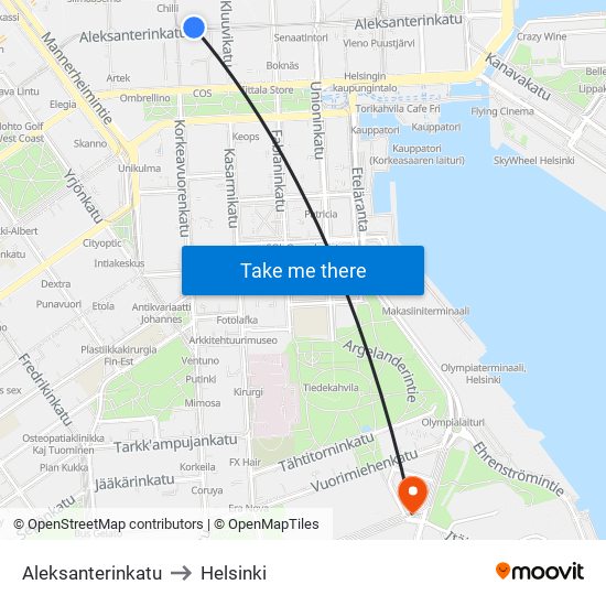 Aleksanterinkatu to Helsinki map