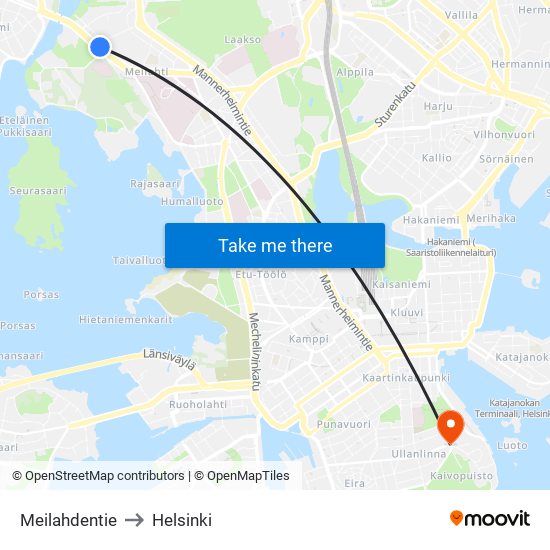Meilahdentie to Helsinki map