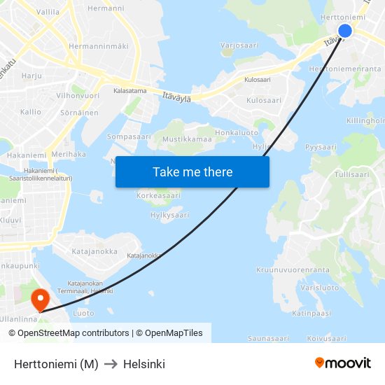 Herttoniemi (M) to Helsinki map