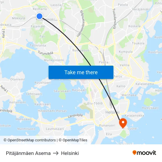 Pitajanmaki Station to Helsinki map