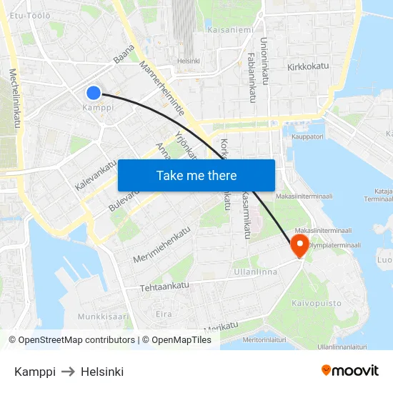 Kamppi to Helsinki map