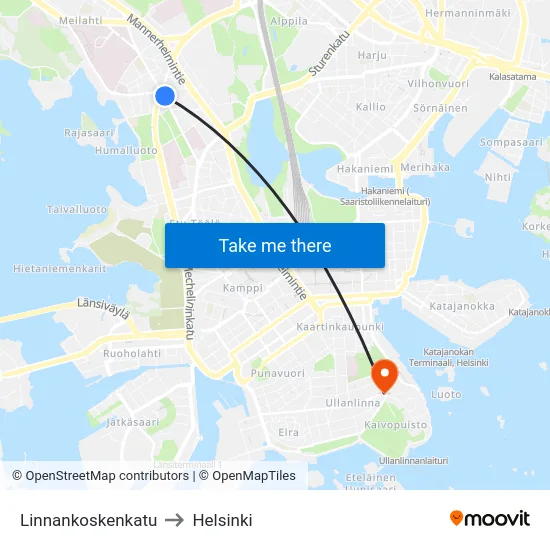 Linnankoskenkatu to Helsinki map