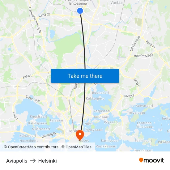 Aviapolis to Helsinki map