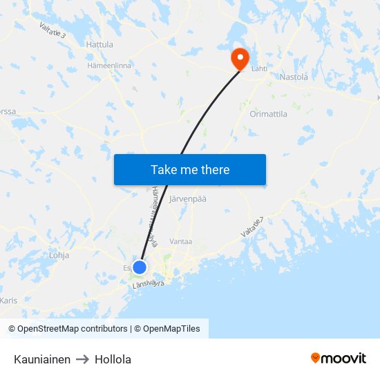 Kauniainen to Hollola map