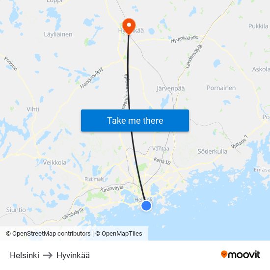 Helsinki to Hyvinkää map
