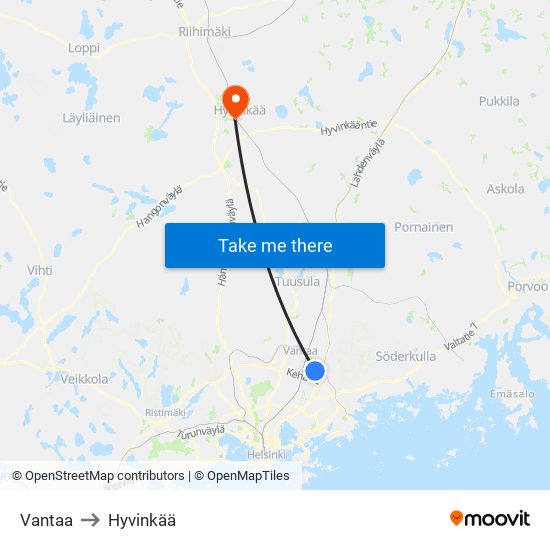 Vantaa to Hyvinkää map