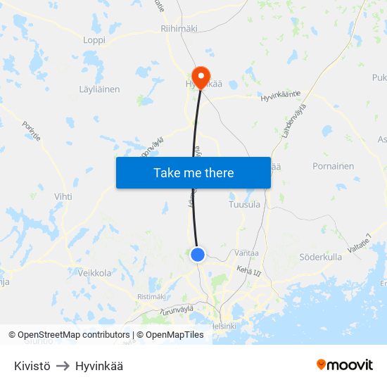 Kivistö to Hyvinkää map