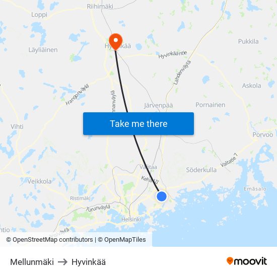 Mellunmäki to Hyvinkää map