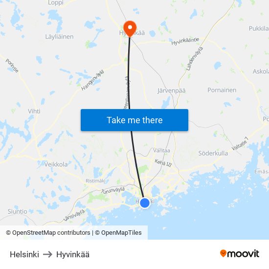 Helsinki to Hyvinkää map