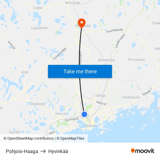 Pohjois-Haaga to Hyvinkää map