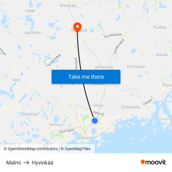 Malmi to Hyvinkää map