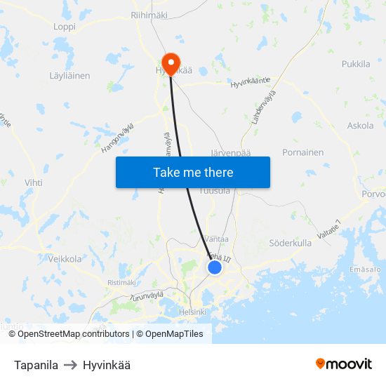 Tapanila to Hyvinkää map