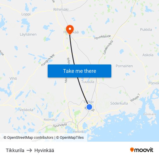 Tikkurila to Hyvinkää map