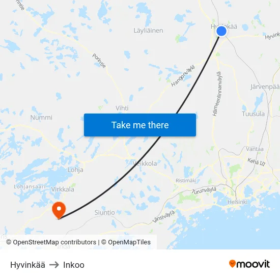 Hyvinkää to Inkoo map