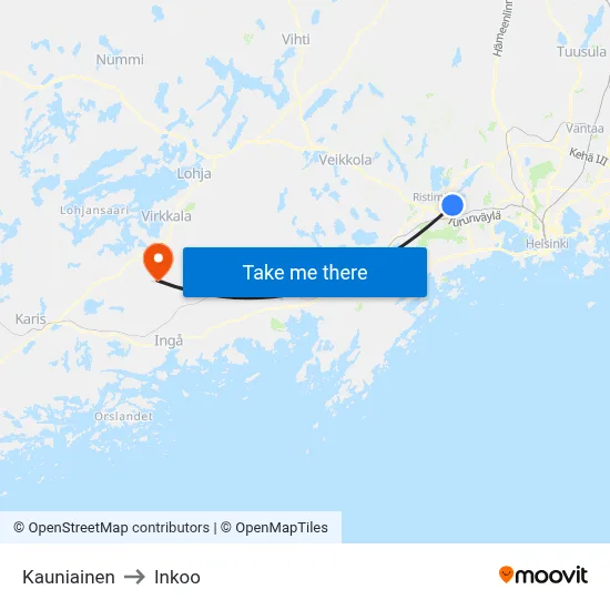 Kauniainen to Inkoo map
