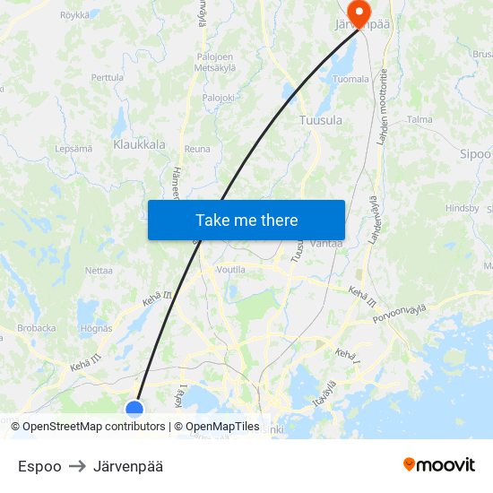 Espoo to Järvenpää map