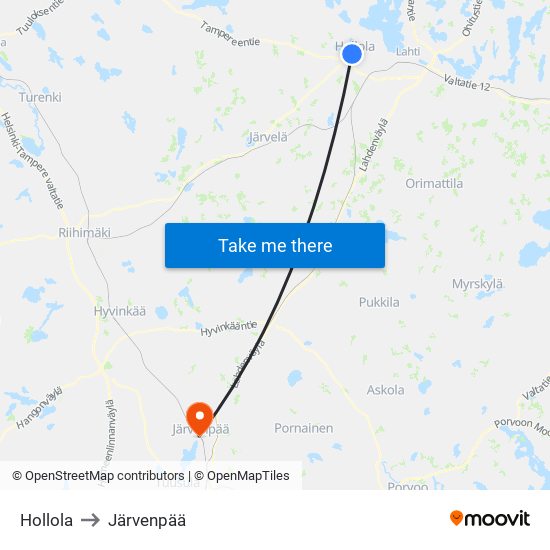 Hollola to Järvenpää map