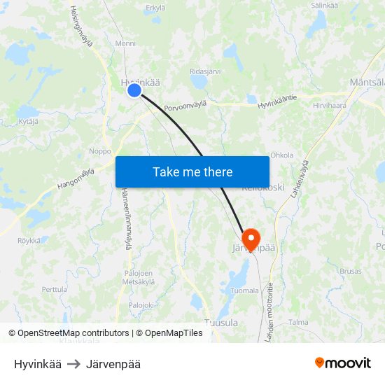 Hyvinkää to Järvenpää map