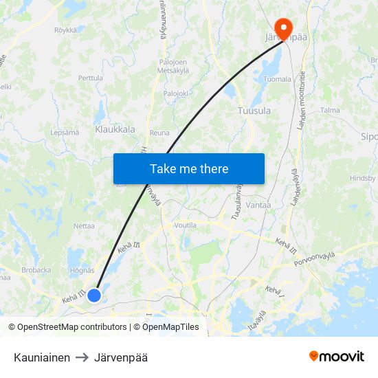 Kauniainen to Järvenpää map