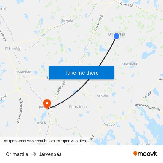 Orimattila to Järvenpää map