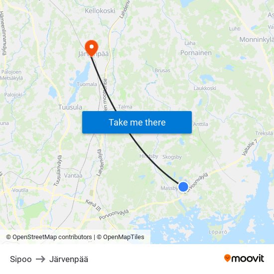 Sipoo to Järvenpää map