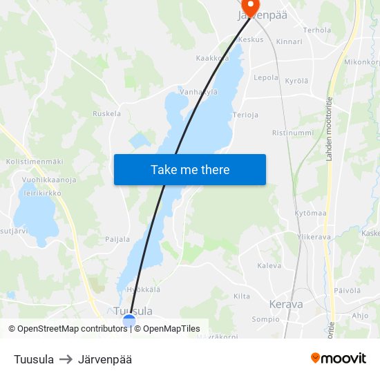 Tuusula to Järvenpää map