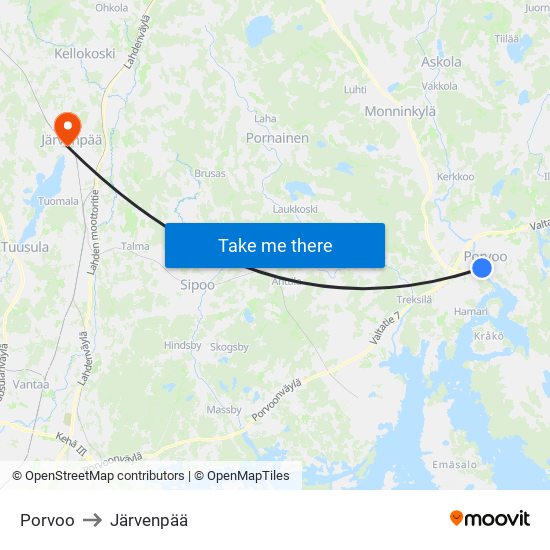 Porvoo to Järvenpää map