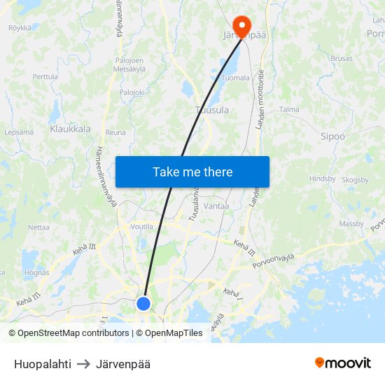 Huopalahti to Järvenpää map