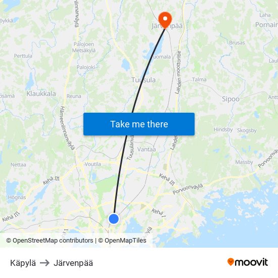 Käpylä to Järvenpää map